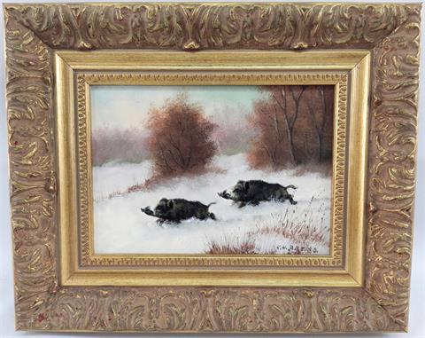 Karl-Hans Boese (1919 Wernigerrode - 2002) "Wildschweine im Schnee" Öl/Holz, 12,5x17,5 cm