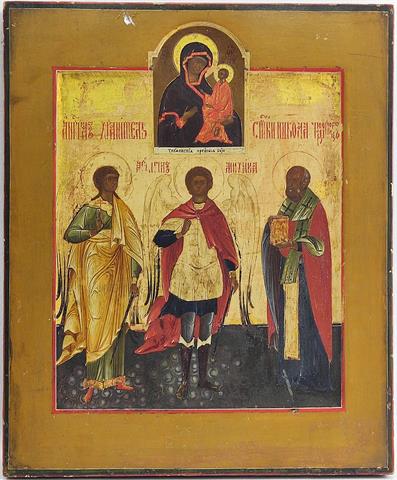 Russische Ikone, Gottesmutter Tichvinskaja mit Heiligen, 19.Jh.