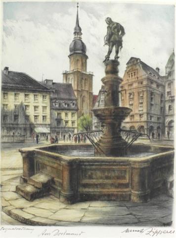 Ernst Zipperer (*1888-1982), "Aus Dortmund", Ansicht Bläserbrunnen u. Reinoldikirche