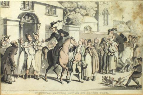 Colorierte Druckgrafik, "Dr. Syntax setting out on his second Tour" by Rowlandson
