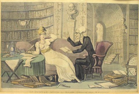 Colorierte Druckgrafik, "Dr Syntax with blue stocking beauty" by Rowlandson