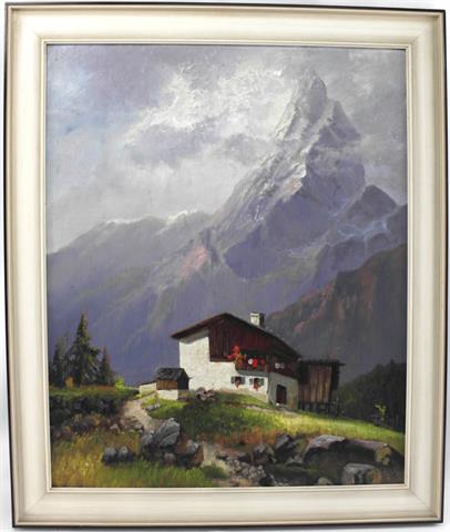 Künstler 20.Jh.,"Haus in den Alpen", Öl/Platte, unsign.