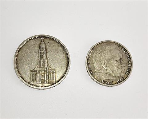 Silbermünzen 5 Reichsmark1935, 2 Reichsmark 1938