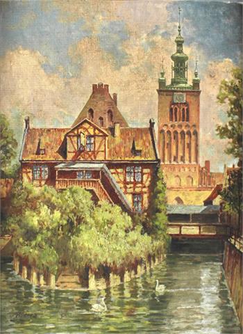 Blick auf Kanal und Kirche, sign. Müller, 20.Jh.