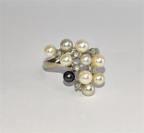 Ring 585 Weißgold, Perlen und Brillanten