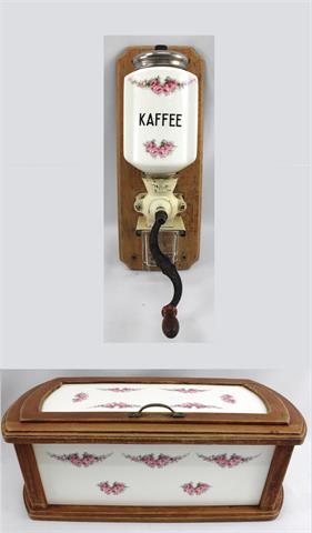 Set Wand-Kaffeemühle und Brottrommel, Max Roesler Steingut