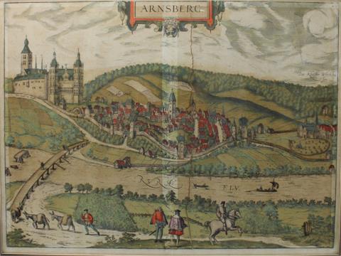 Altkolorierter Kupferstich, Arnsberg 1588, hinter Glas