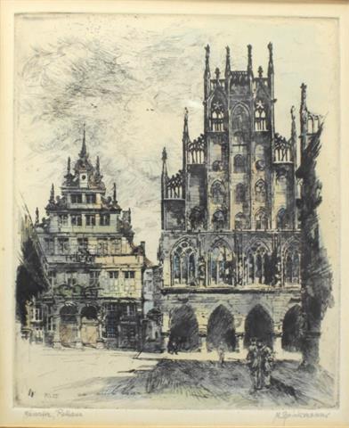 Farbradierung, Rathaus Münster, M. Sprinkmann, um 1900