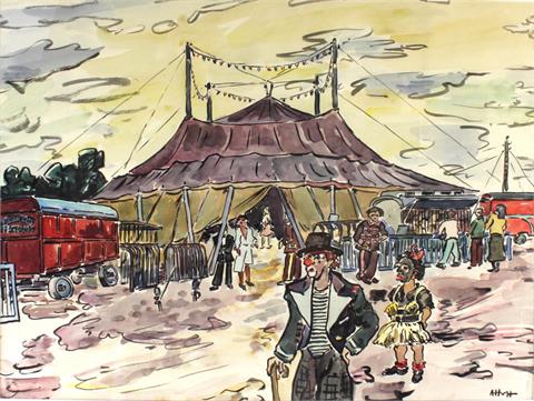 Alfred Hoffmann (1898-1987), "Zirkusvorplatz" Aquarell