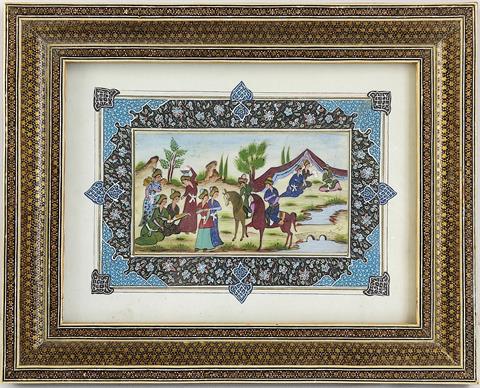 Persische Miniaturmalerei, Nomadenszene m. Pferden, 8x14cm