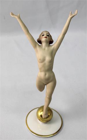 Sonnenanbeterin, weiblicher Akt auf goldener Kugel stehend, Hutschenreuther