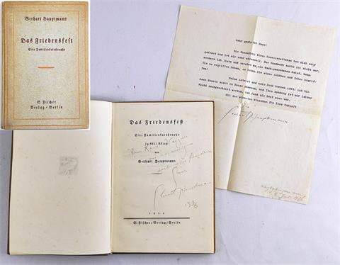 Gerhart Hauptmann, Persönlicher Brief und Buch mit Widmung 1926 "Das Friedensfest"