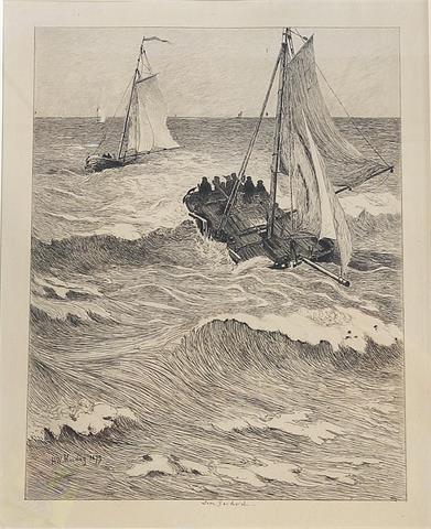 Léon Gaucherel (1816 Paris -1886 ebd.) "Boote bei stürmischer See"