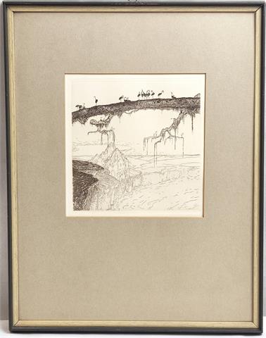 Wenzel Hablik (1881-1934) "Flamingos auf einem Baumstamm"