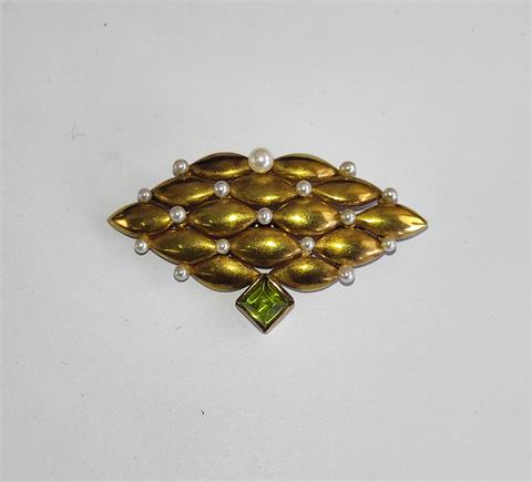 Brosche 750 Gelbgold mit 16 Perlen verziert